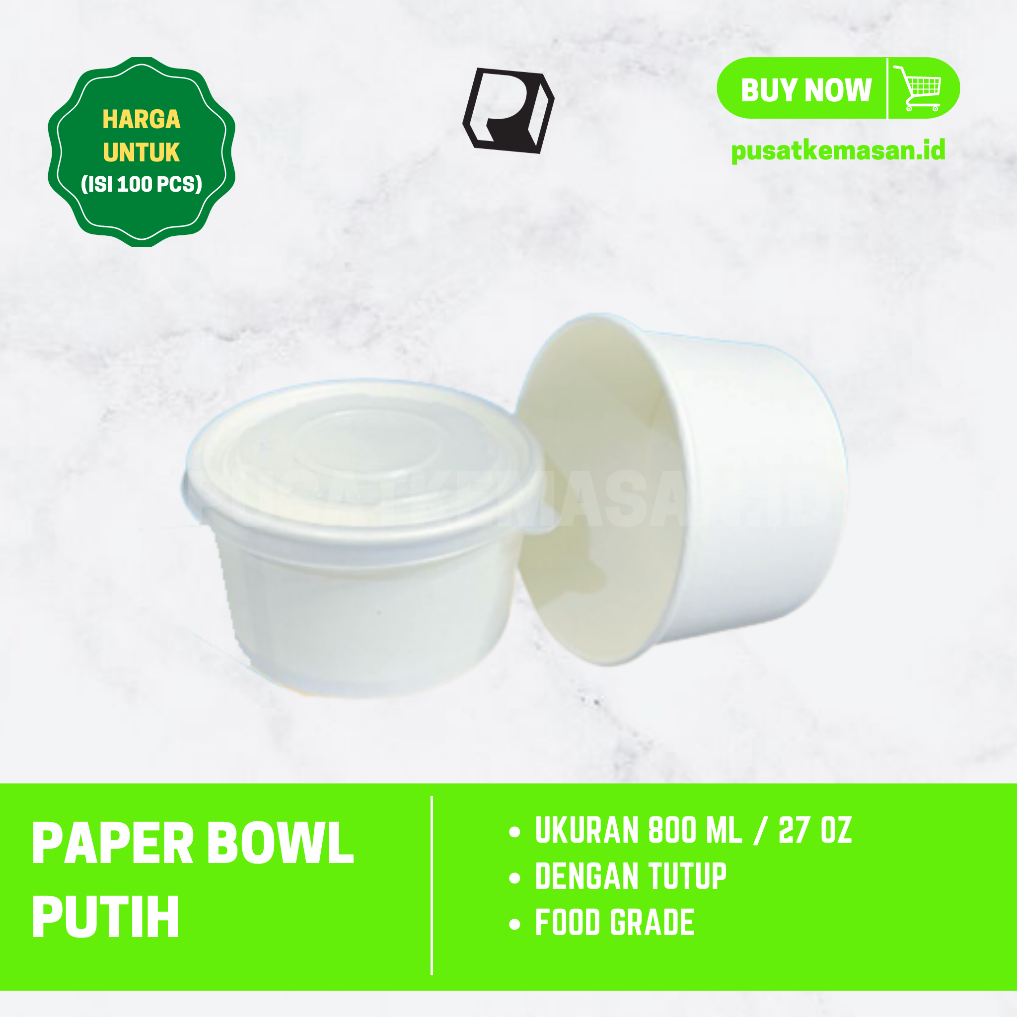 Paper Rice Bowl Putih 800ml Dengan Tutup pusatkemasan.id